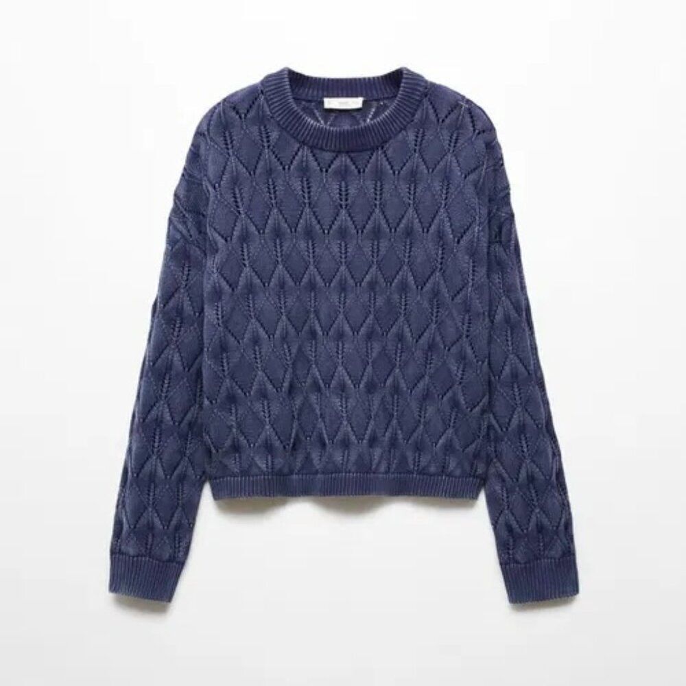 Mango Openwork Knit Sweater Blue Women's Size Small S Crochet Textured Crew Neck